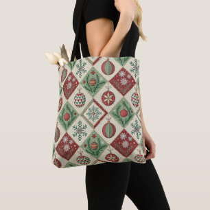 Vintage Patchwork Quilted Christmas Pattern Tote Bag