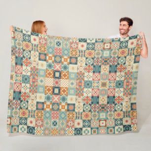 Vintage, patchwork quilted look fleece blanket