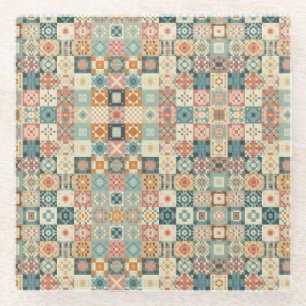 Vintage, patchwork quilted look glass coaster