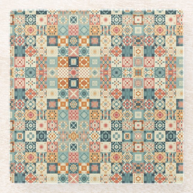 Vintage, patchwork quilted look glass coaster (Front)