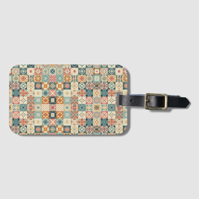 Vintage, patchwork quilted look luggage tag (Front Horizontal)