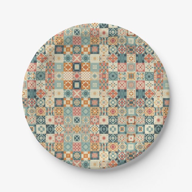 Vintage, patchwork quilted look paper plate (Front)
