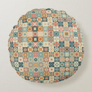 Vintage, patchwork quilted look round cushion