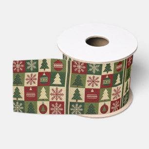 Vintage, patchwork quilted look rustic Christmas Grosgrain Ribbon