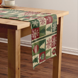 Vintage, patchwork quilted look rustic Christmas Long Table Runner