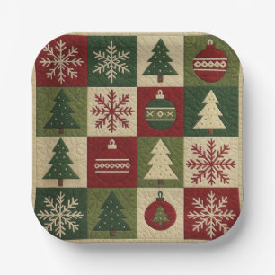 Vintage, patchwork quilted look rustic Christmas Paper Plate