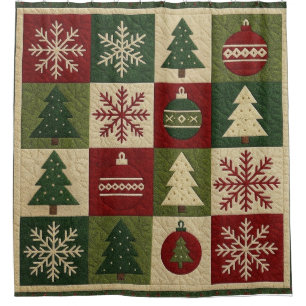 Vintage, patchwork quilted look rustic Christmas Shower Curtain