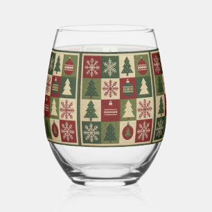 Vintage, patchwork quilted look rustic Christmas Stemless Wine Glass