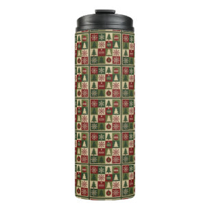 Vintage, patchwork quilted look rustic Christmas Thermal Tumbler
