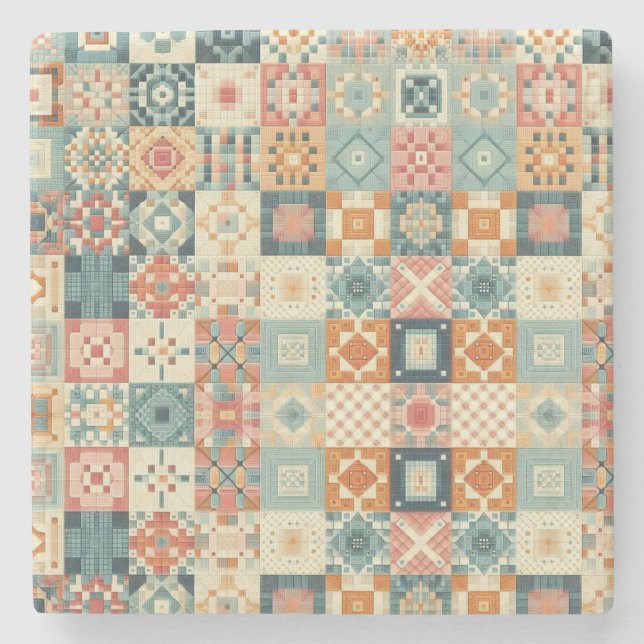 Vintage, patchwork quilted look stone coaster (Front)