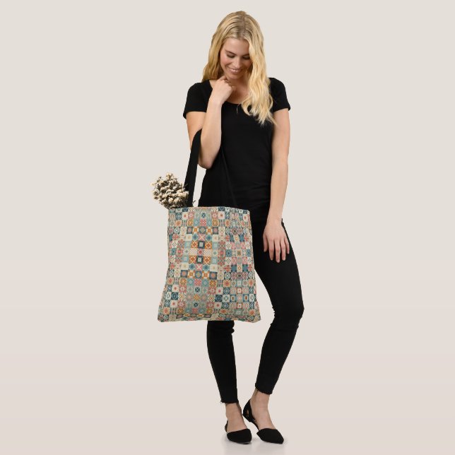 Vintage, patchwork quilted look tote bag (On Model)