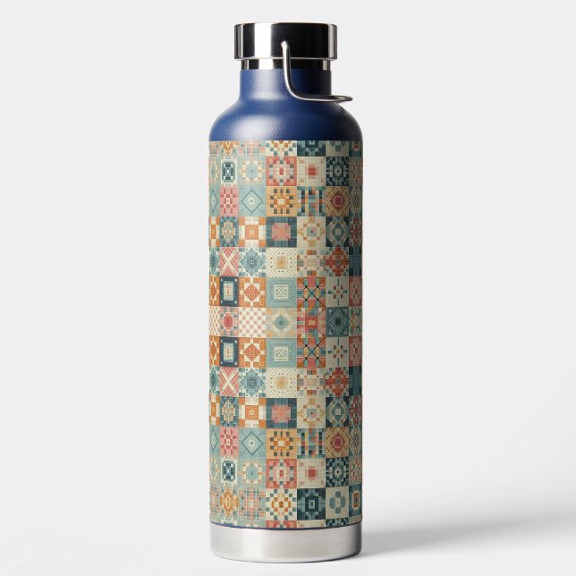 Vintage, patchwork quilted look water bottle (Left)