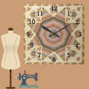 Vintage Patchwork Star Quilt Sewing Room Square Wall Clock