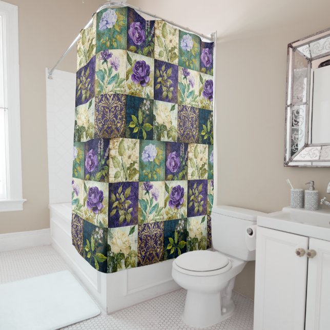 Vintage Patchwork Style Shower Curtain (In Situ)