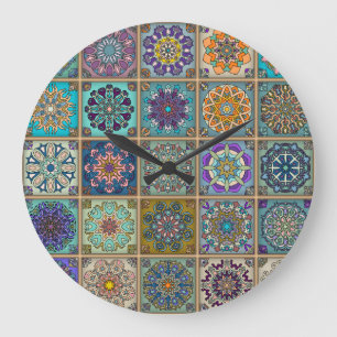 Vintage patchwork with floral mandala elements large clock