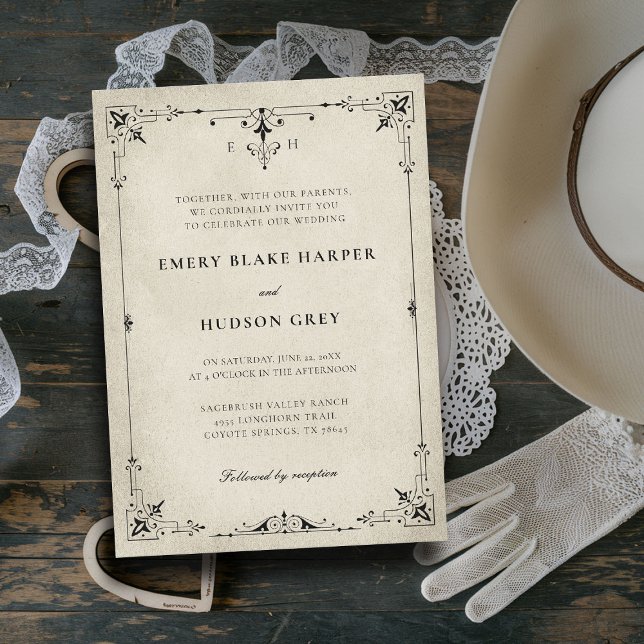 Vintage Patina Country Western Formal  Wedding Invitation (vintage western wedding invitation formal traditional modern classic black white frame elegant chic)