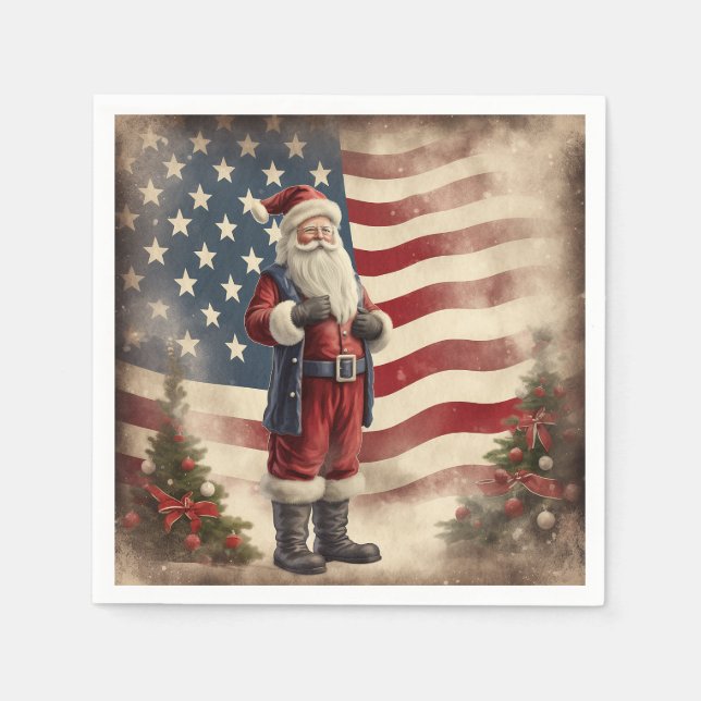 Vintage Patriotic American Flag and Santa Claus Napkin (Front)