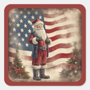 Vintage Patriotic American Flag and Santa Claus Square Sticker