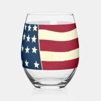 Vintage Patriotic American Flag, Fourth of July Stemless Wine Glass
