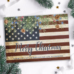 Vintage Patriotic American Flag Merry Christmas  Card<br><div class="desc">Send Merry Christmas greetings to friends and family with this unique USA American Flag Christmas Card - USA American flag design vintage red white blue design with holly and berries. Personalise with message and family name. This patriotic Christmas card is perfect for military families, veterans, patriotic family and veteran service...</div>