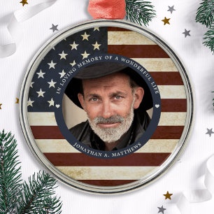 Vintage Patriotic American Flag Photo Memorial Metal Tree Decoration