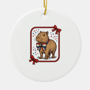 Vintage Patriotic Capybara Bow Tie Shirt Design_1 Ceramic Tree Decoration