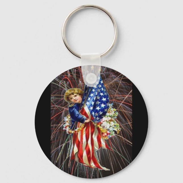 Vintage Patriotic Child and Fireworks Key Ring (Front)
