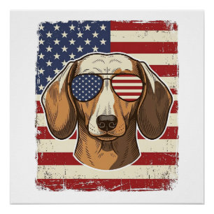 Vintage Patriotic Dachshund Flag Sunglasses Vector Poster