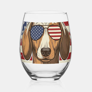 Vintage Patriotic Dachshund Flag Sunglasses Vector Stemless Wine Glass