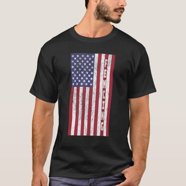Vintage Patriotic Fencing American Flag Graphic T-Shirt (Front)
