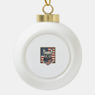 Vintage Patriotic French Bulldog Flag Ceramic Ball Christmas Ornament