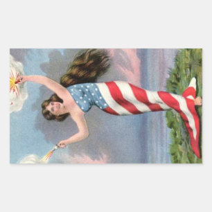Vintage Patriotic Girl Wearing American Flag Rectangular Sticker