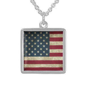 Vintage Patriotic Grunge USA American Flag Sterling Silver Necklace
