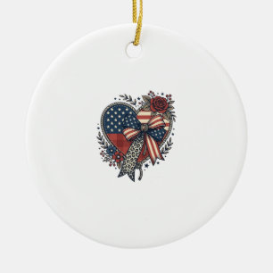 Vintage Patriotic Heart Bow Floral Shirt Design_1 Ceramic Tree Decoration