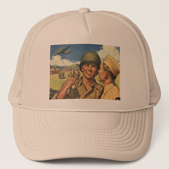 Vintage Patriotic Heroes, Military Aeroplane Men Trucker Hat (Front)