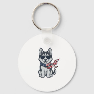 Vintage Patriotic Husky Puppy Vector Design_1 Key Ring