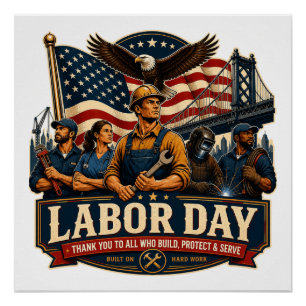 Vintage Patriotic Labour Day Eagle Workers Design Poster