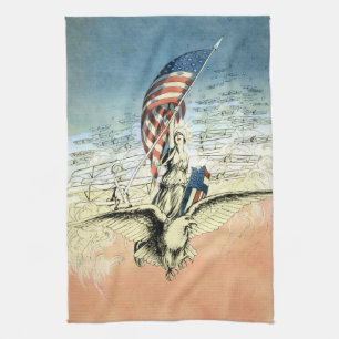 Vintage Patriotic Lady, Eagle with American Flag Tea Towel