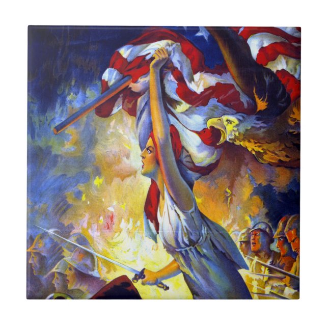 Vintage Patriotic Lady Liberty American Flag Eagle Tile (Front)