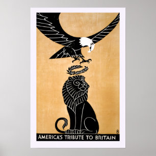 Vintage Patriotic Lion and Eagle Britain America Poster