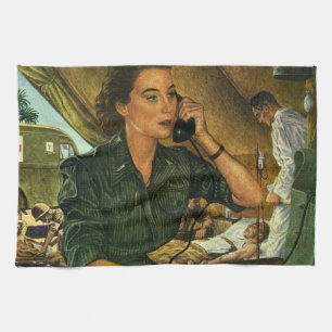 Vintage Patriotic, Medical Nurse on Phone Tea Towel
