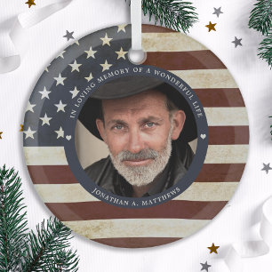 Vintage Patriotic Memorial American Flag Photo Glass Tree Decoration