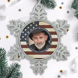 Vintage Patriotic Memorial American Flag Photo Snowflake Pewter Christmas Ornament<br><div class="desc">Honour your loved one with a patriotic custom photo memorial ornament. This unique military memorial ornament is the perfect gift for yourself, family or friends to pay tribute to a military veteran, military soldier, army, marines or fallen soldier. This patriotic memorial ornament features a vintage red white and blue USA...</div>