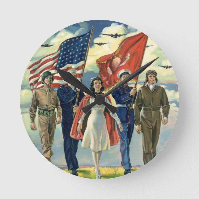 Vintage Patriotic, Proud Military Personnel Heros Round Clock (Front)