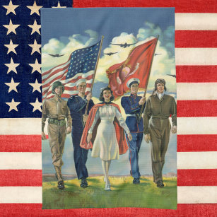 Vintage Patriotic, Proud Military Personnel Heros Tea Towel