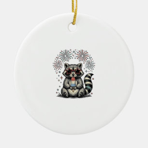 Vintage Patriotic Racoon Fireworks Shirt Design_1 Ceramic Tree Decoration