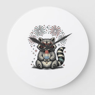 Vintage Patriotic Racoon Fireworks Shirt Design_1 Large Clock