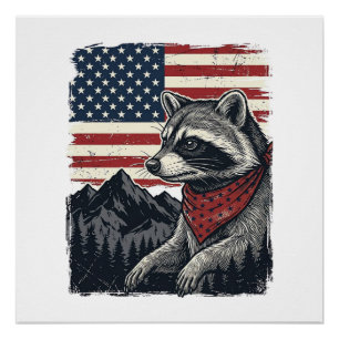 Vintage Patriotic Racoon Mountain Flag Shirt Desi Poster