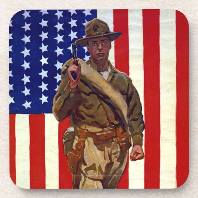 Vintage Patriotic Soldier with American Flag Coaster (Front)