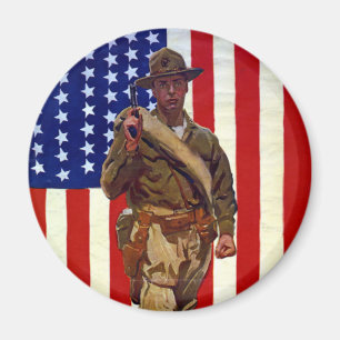 Vintage Patriotic Soldier with American Flag Magnet